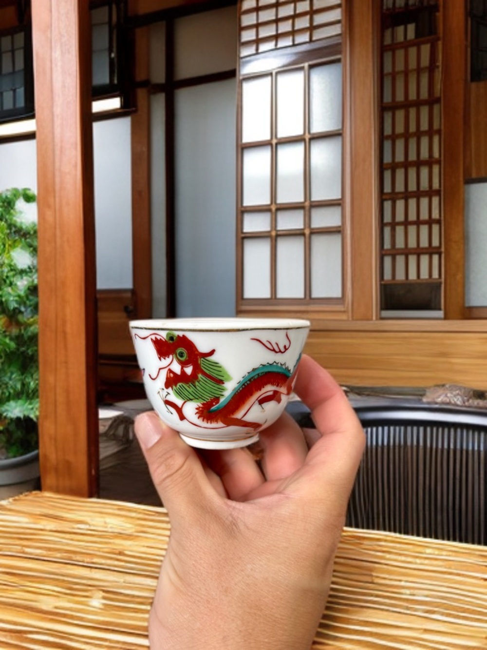 Single Vintage Hand-Painted White Porcelain Dragon Teacup